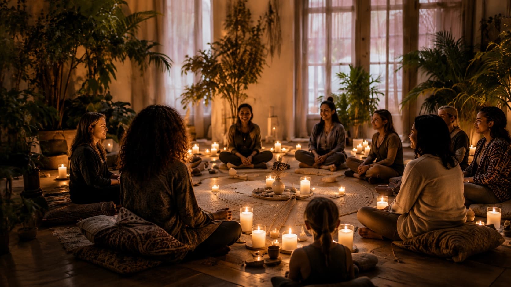 Candlelit women’s circle gathering at Green Haven.