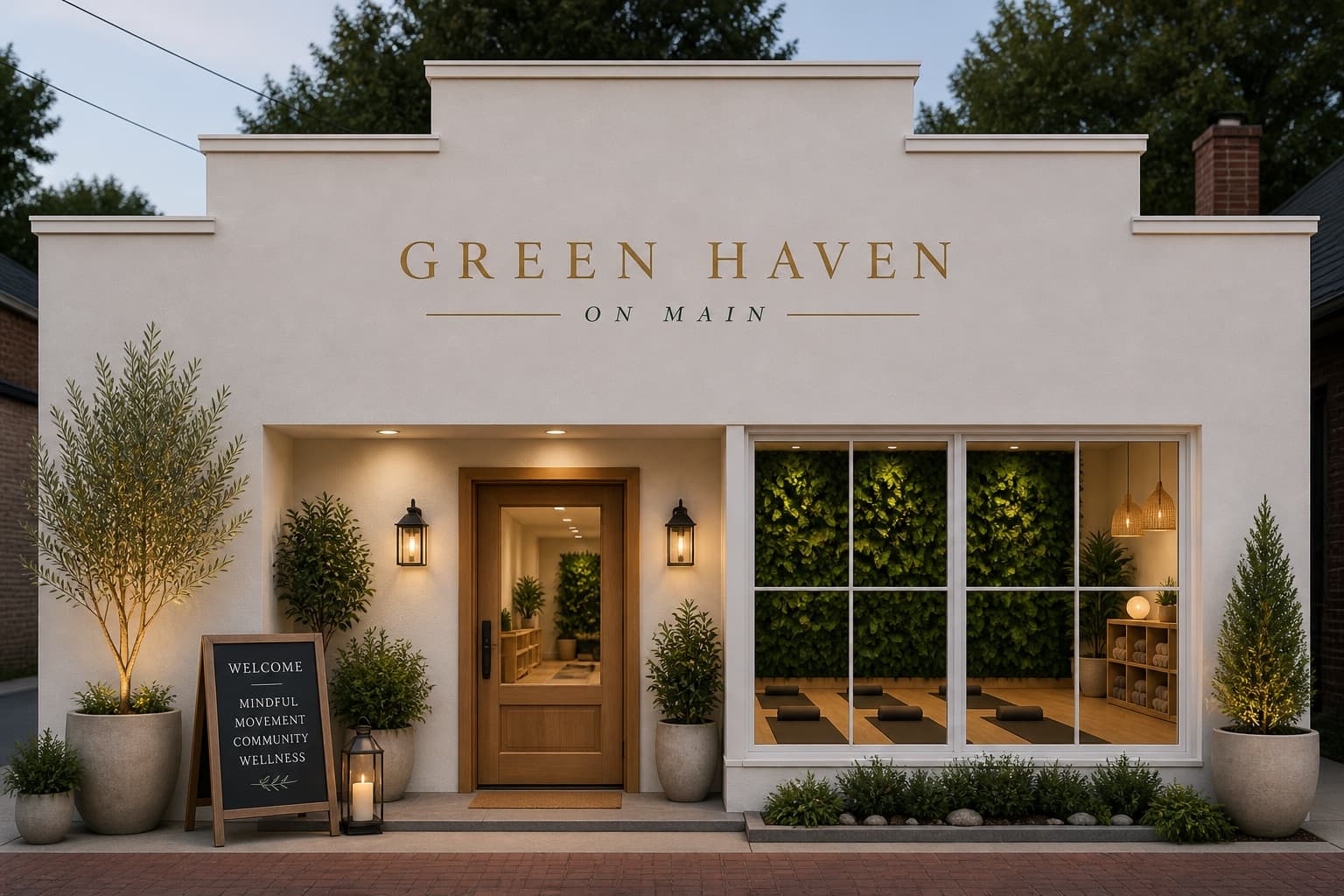 Green Haven on Main studio exterior with warm lights and plants.