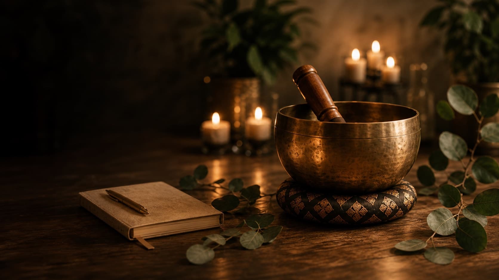 Singing bowl with candles and greenery for mindfulness practice.
