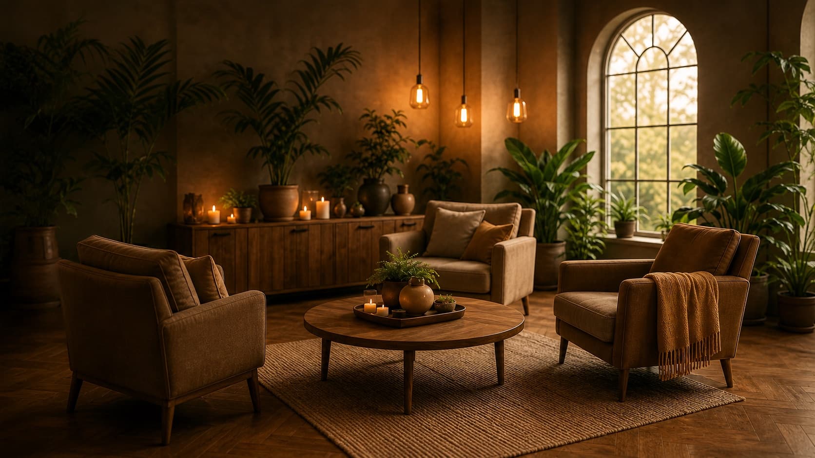 Warm wellness lounge with plants, candles, and soft seating.